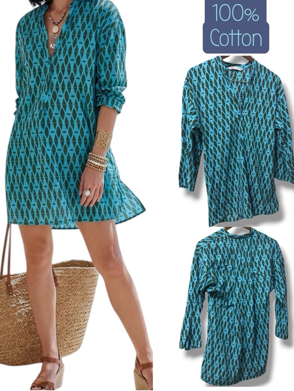 Zara | EUC 100% Cotton Boho Turquoise Geometric Printed Swim Cover-Up (size S)